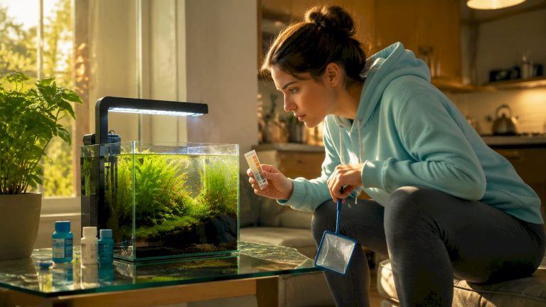 Hobbyist testing nano fish tank water quality