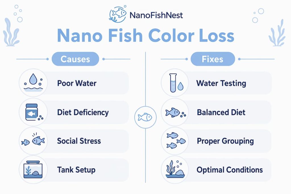 Infographic showing causes and fixes of nano fish color loss