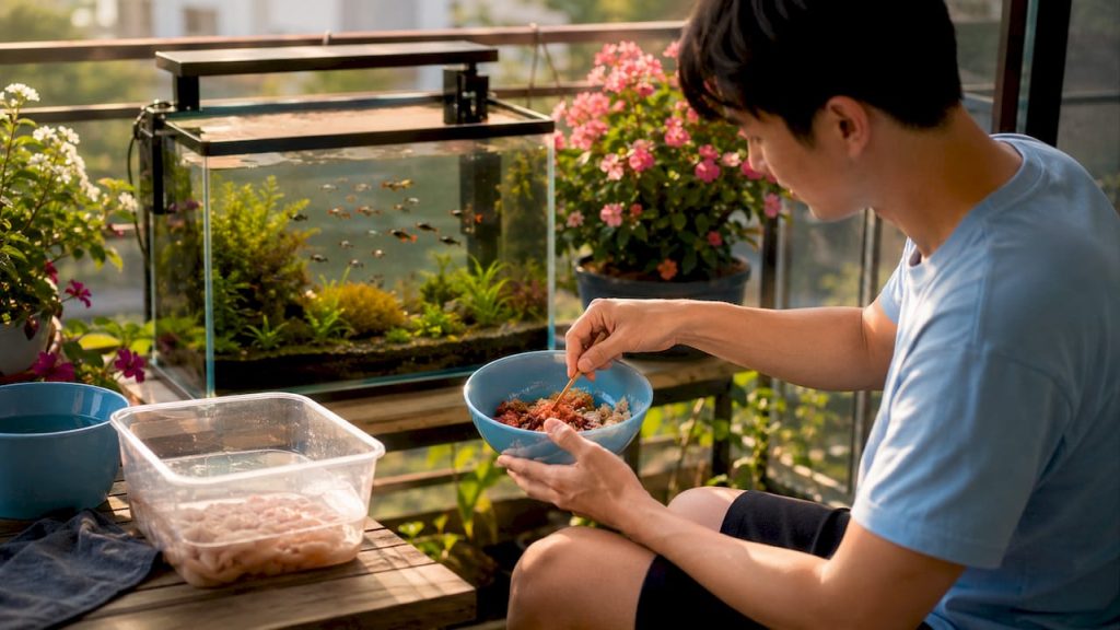 Close-up hands preparing diet for colorful nano fish