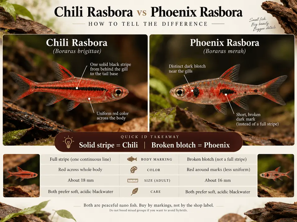 Chili Rasbora vs Phoenix Rasbora side by side compared with visuals and information