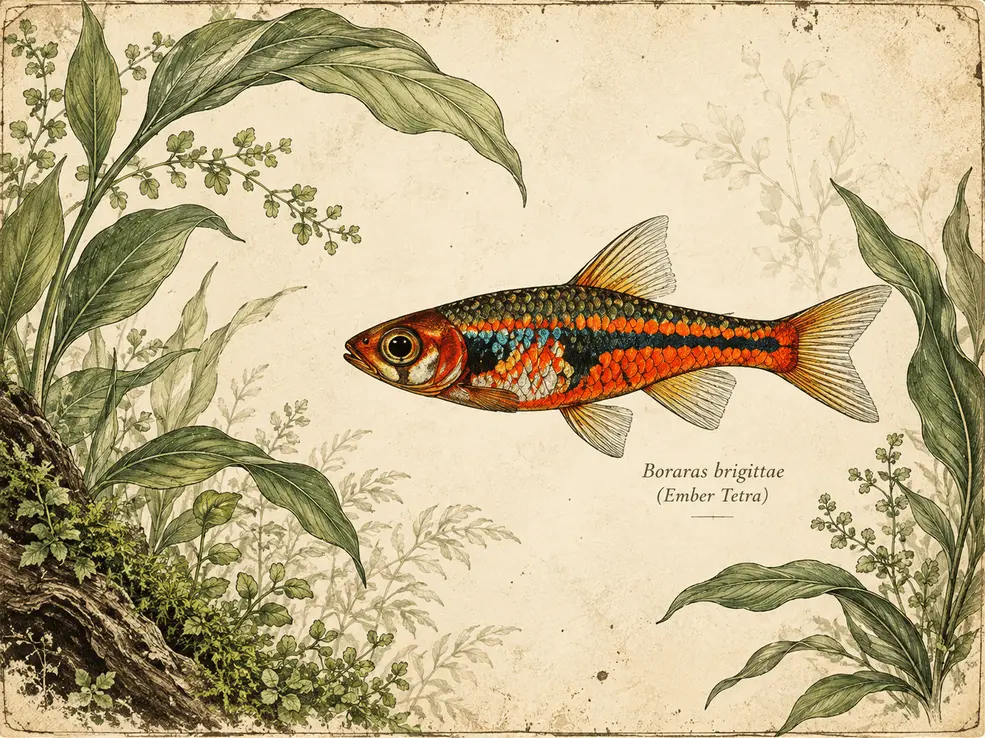 Decorative vintage-style illustration of a colorful nano fish surrounded by aquatic leaves