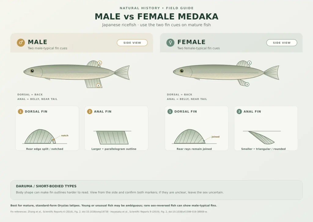 Male and female Medaka ricefish compared side by side, showing the male’s larger parallelogram-shaped anal fin and notched dorsal fin, and the female’s smaller triangular anal fin and smooth dorsal fin.