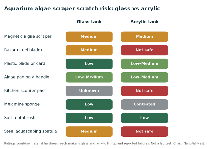 Aquarium algae scraper scratch-risk chart comparing magnetic, razor, plastic, pad, melamine, toothbrush and spatula tools on glass and acrylic tanks