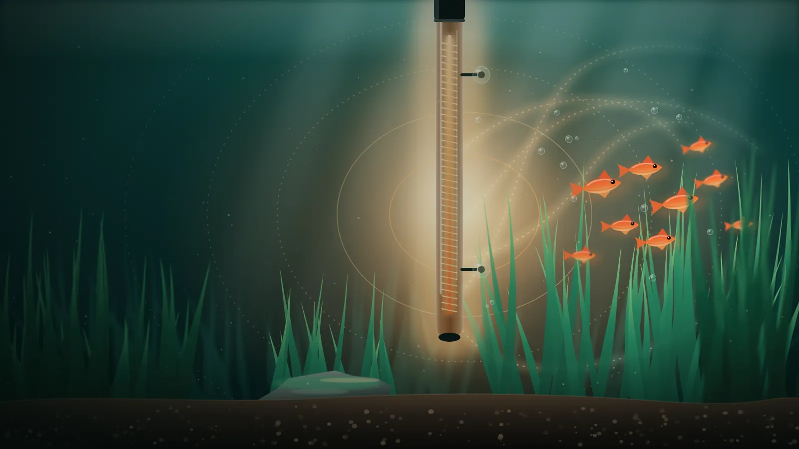 Aquarium heater glowing amber in a planted nano tank, with warm temperature contours and a school of ember tetras