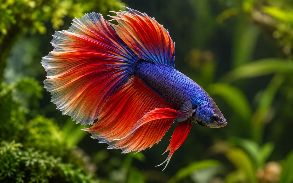 Betta splendens with red and blue flowing fins in a planted tank
