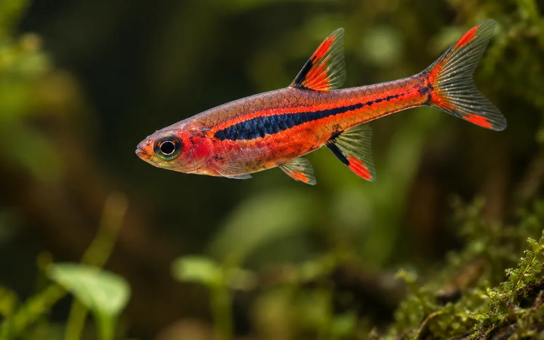 Chili rasbora with a red body and dark stripe in a planted tank