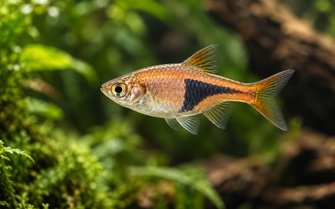 Harlequin rasbora with a black triangle patch, a beginner school for a 20 gallon tank