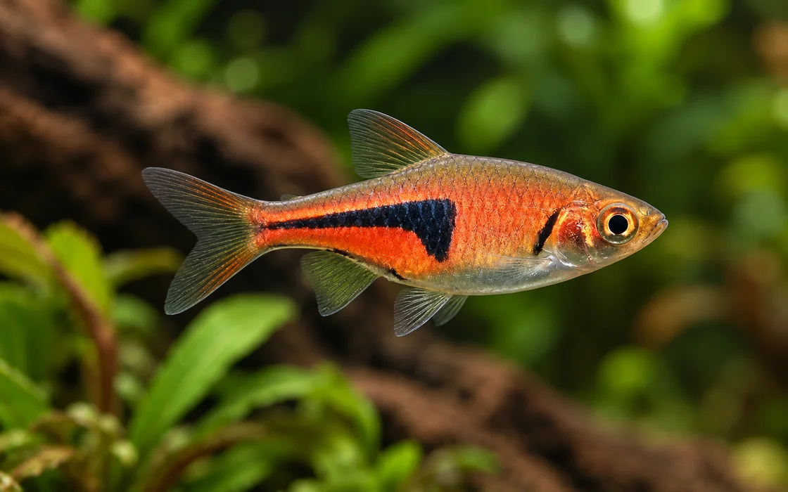 Lambchop rasbora with a copper body and black wedge marking